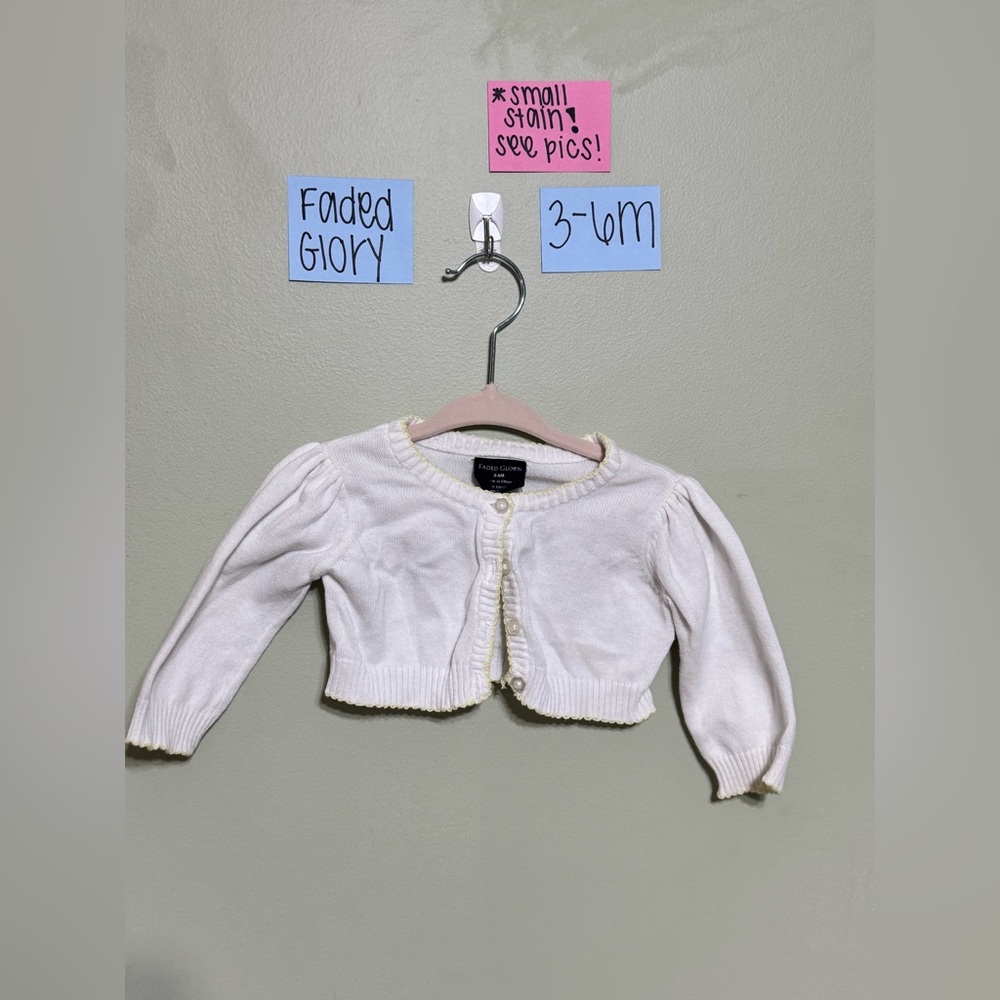 NWOT Faded Glory Infant White Cardigan with Yellow Trim, Size 3-6M